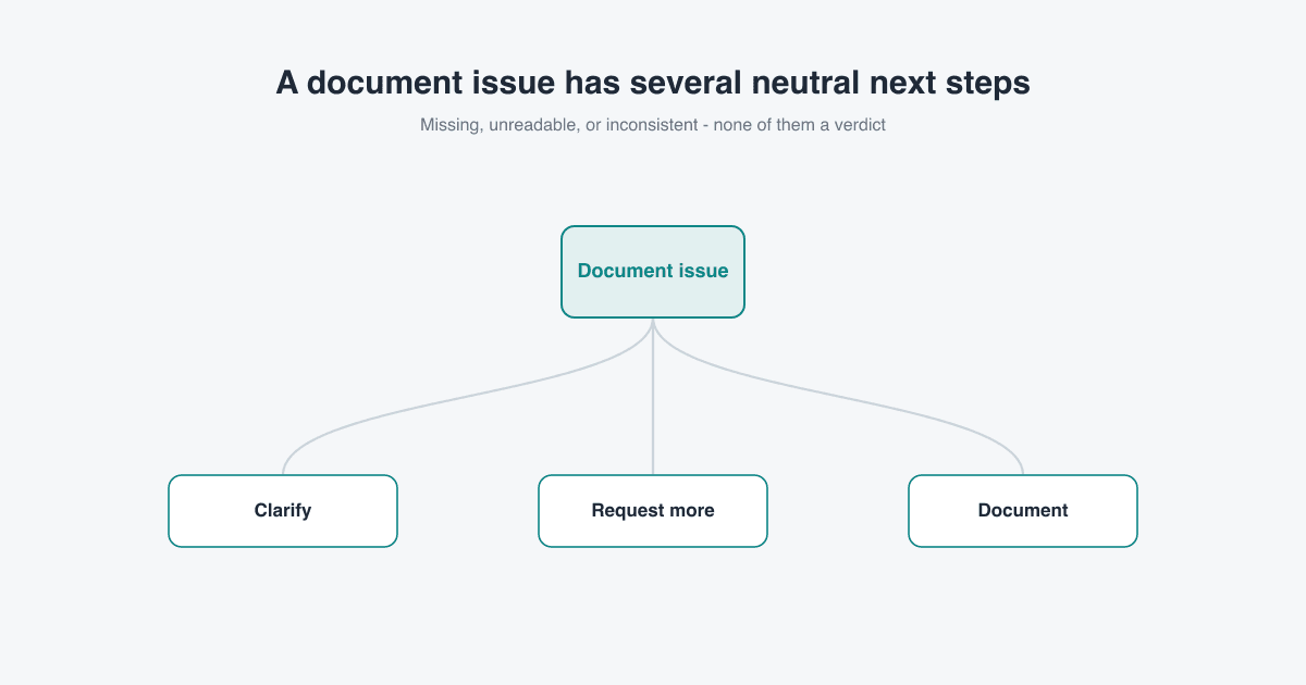 A single document-issue node branching calmly into three neutral next steps - clarify, request more, and document - with no verdict outcomes.