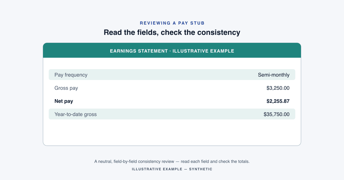 A simplified, clearly-synthetic pay stub with the pay-frequency and year-to-date fields highlighted for a neutral consistency review.